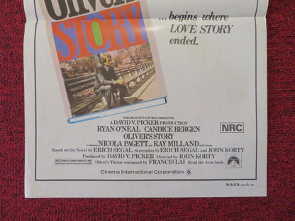 OLIVER'S STORY FOLDED AUSTRALIAN DAYBILL POSTER RYAN O'NEAL CANDICE BERGEN 1978