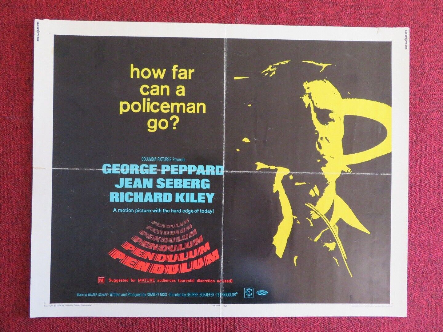 PENDULUM US HALF SHEET (22"x 28")  POSTER GEORGE PEPPARD JEAN SEBERG 1968