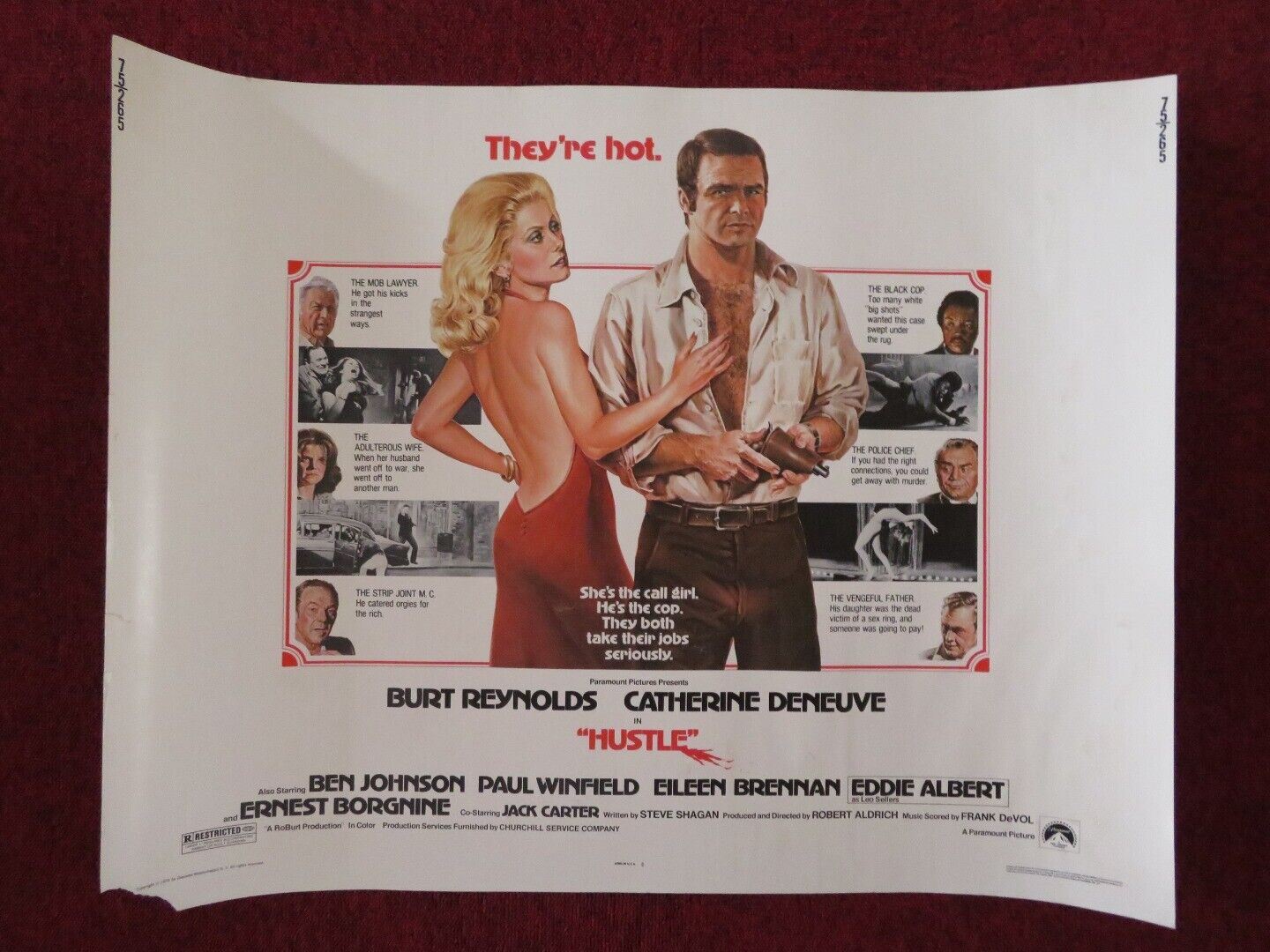 HUSTLE  US HALF SHEET (22"x 28")  POSTER BURT REYNOLDS CATHERINE DENEUVE 1975