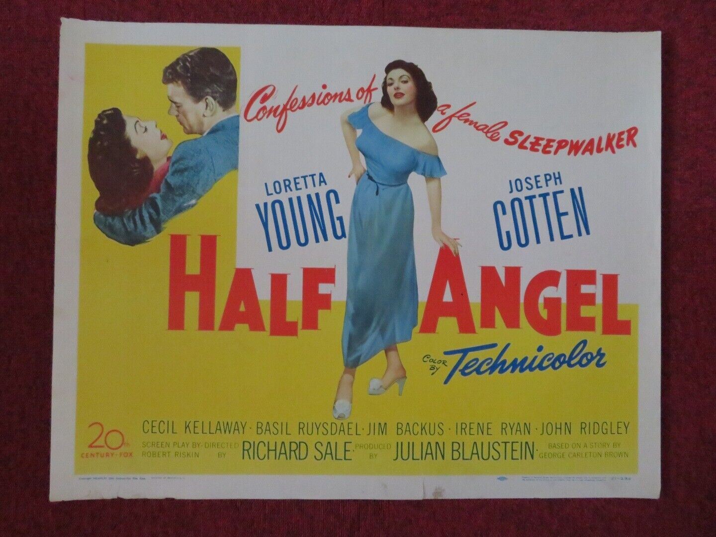 HALF ANGEL US  HALF SHEET (22"x 28")  POSTER LORETTA YOUNG JOSEPH COTTEN 1951