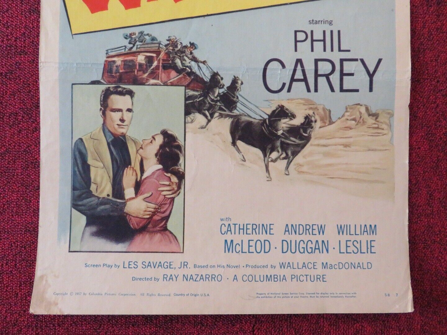 RETURN TO WARBOW US INSERT (14"x 36") POSTER PHILIP CAREY 1957