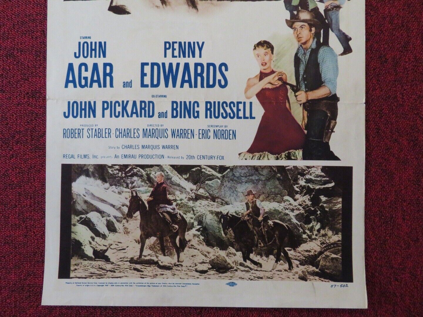 RIDE A VIOLENT MILE US INSERT (14"x 36") POSTER  JOHN AGAR PENNY EDWARDS 1957