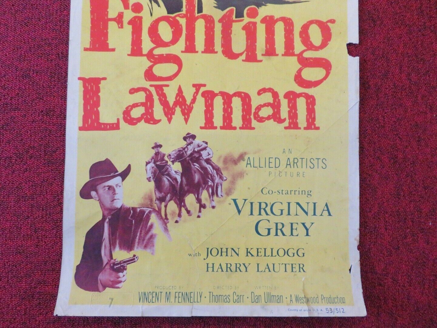 FIGHTING LAWMAN US INSERT (14"x 36") POSTER WAYNE MORRIS VIRGINIA GREY 1953