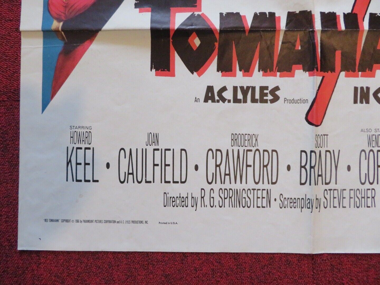 RED TOMAHAWK FOLDED US ONE SHEET POSTER HOWARD KEEL JAON CAULFIELD 1966