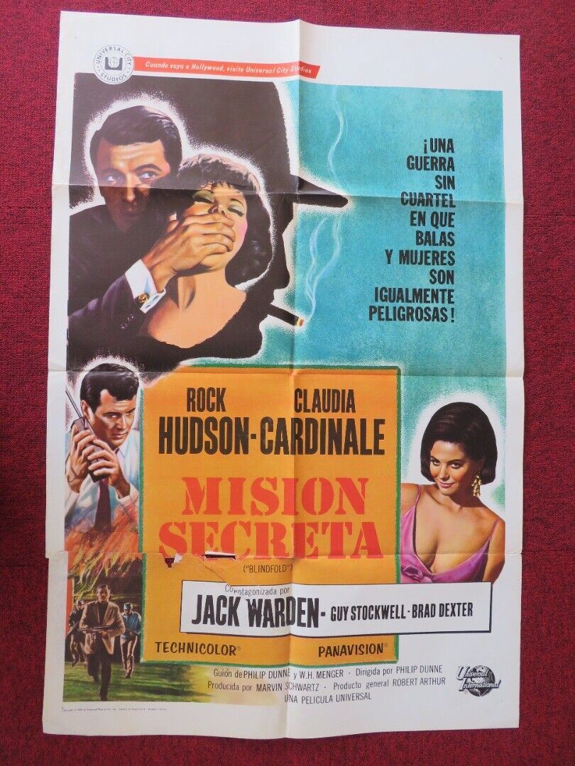 BLINDFOLD SPANISH ONE SHEET FOLDED POSTER ROCK HUDSON CLAUDIA CARDINALE 1966