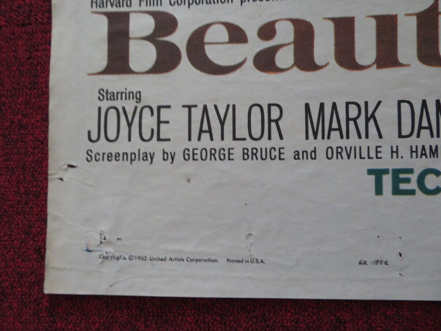 BEAUTY AND THE BEAST FOLDED US ONE SHEET POSTER JOYCE TAYLOR MARK DAMON 1962