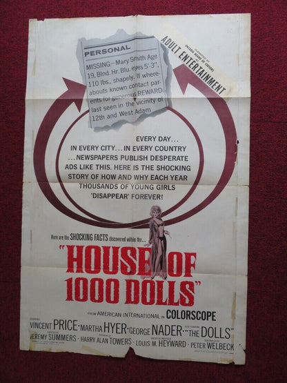 HOUSE OF 1000 DOLLS US ONE SHEET POSTER VINCENT PRICE MARTHA HYER 1967