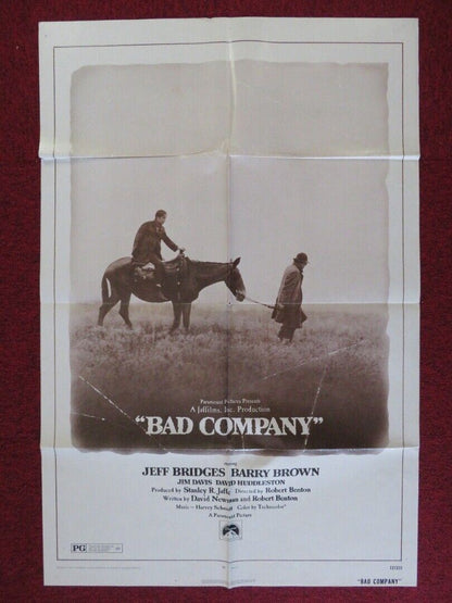 BAD COMPANY ONE FOLDED US ONE SHEET POSTER JEFF BRIDGES BARRY BROWN 1972