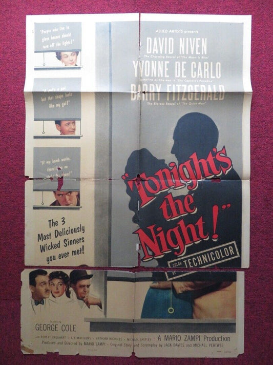 TONIGHT'S THE NIGHT FOLDED U.S ONE SHEET POSTER DAVID NIVEN YVONNE DE CARLO 1954