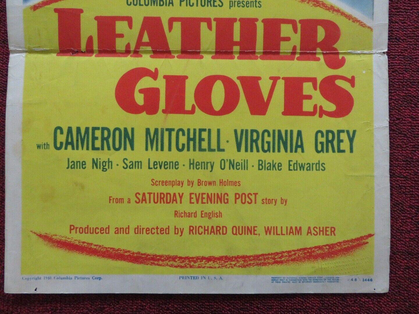 LEATHER GLOVES FOLDED US INSERT (14"x 36") POSTER CAMERON MITCHELL 1948