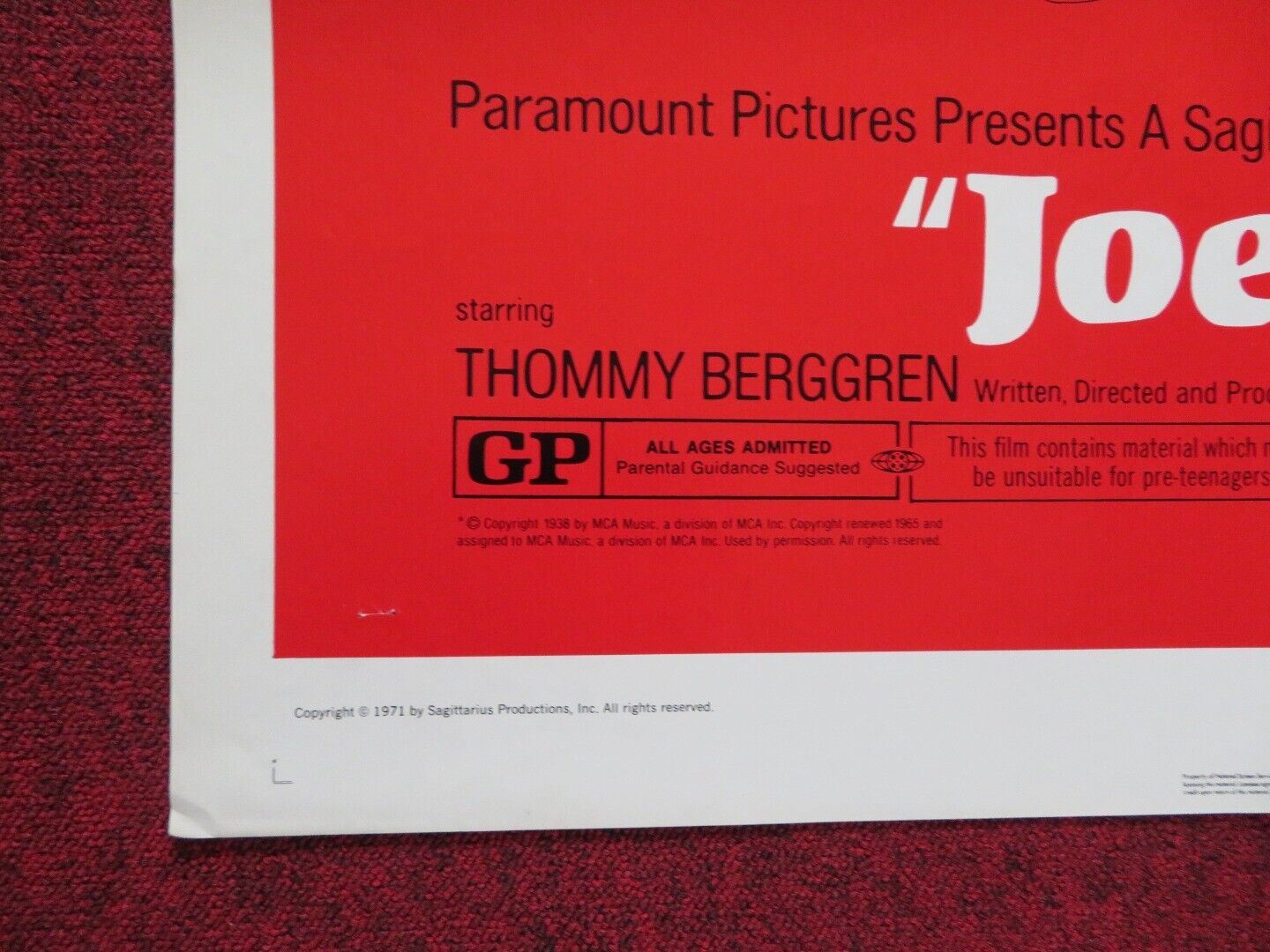 JOE HILL FOLDED US ONE SHEET POSTER THOMMY BERGGREN 1971