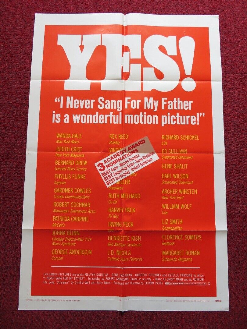 I NEVER SANG FOR MY FATHER FOLDED US ONE SHEET POSTER GENE HACKMAN 1970