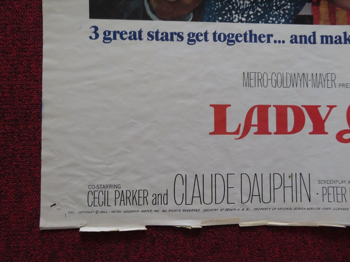 LADY L FOLDED US ONE SHEET POSTER SOPHIA LOREN PAUL NEWMAN 1966