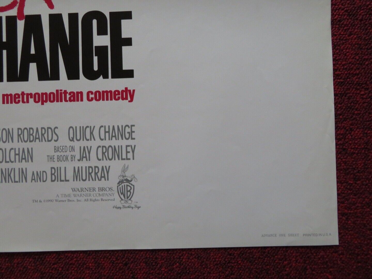 QUICK CHANGE FOLDED US ONE SHEET POSTER BILL MURRAY GEENA DAVIS 1990