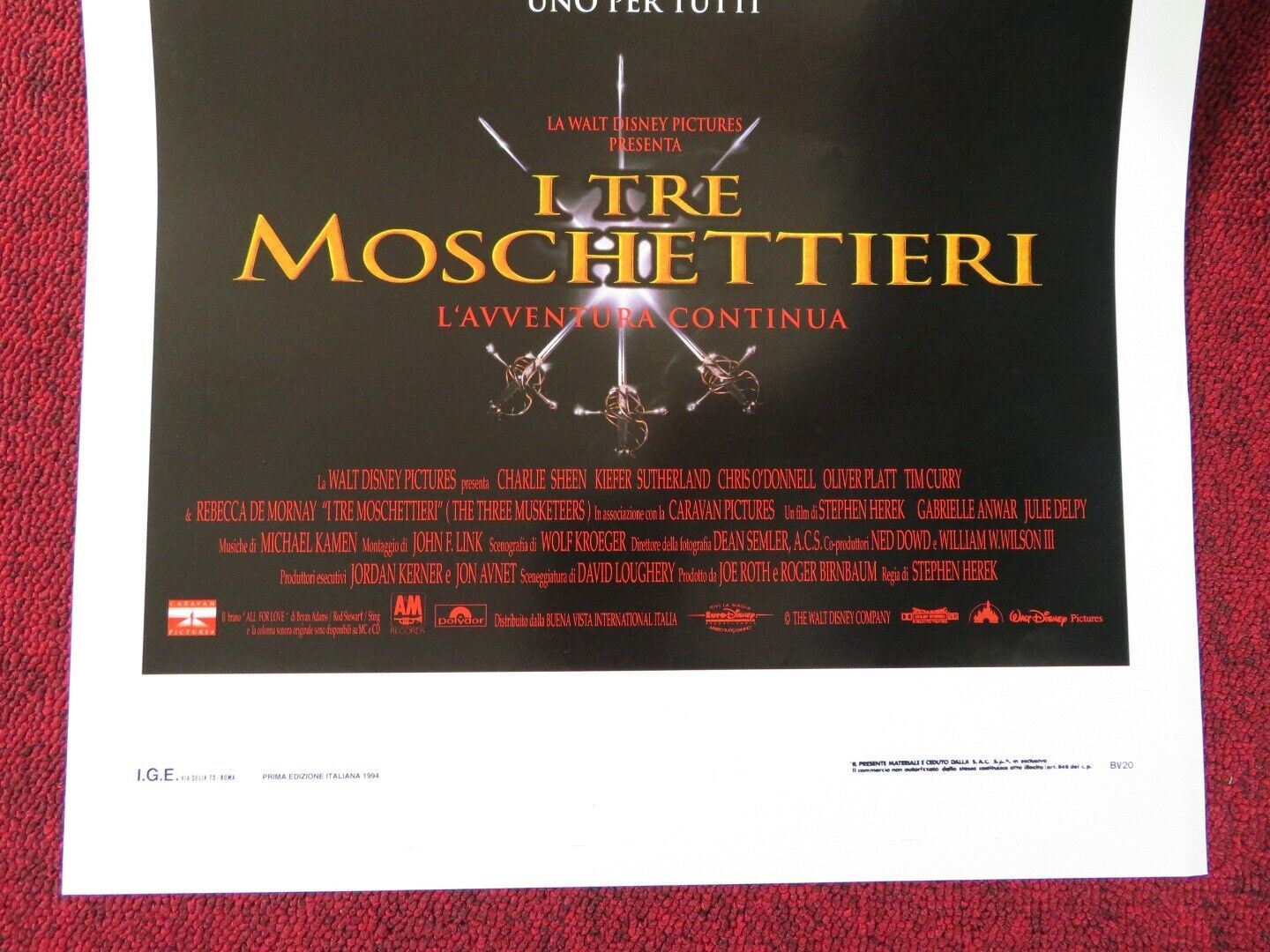 THE THREE MUSKETEERS ITALIAN LOCANDINA (27.5"x13") POSTER CHARLIE SHEEN 1994