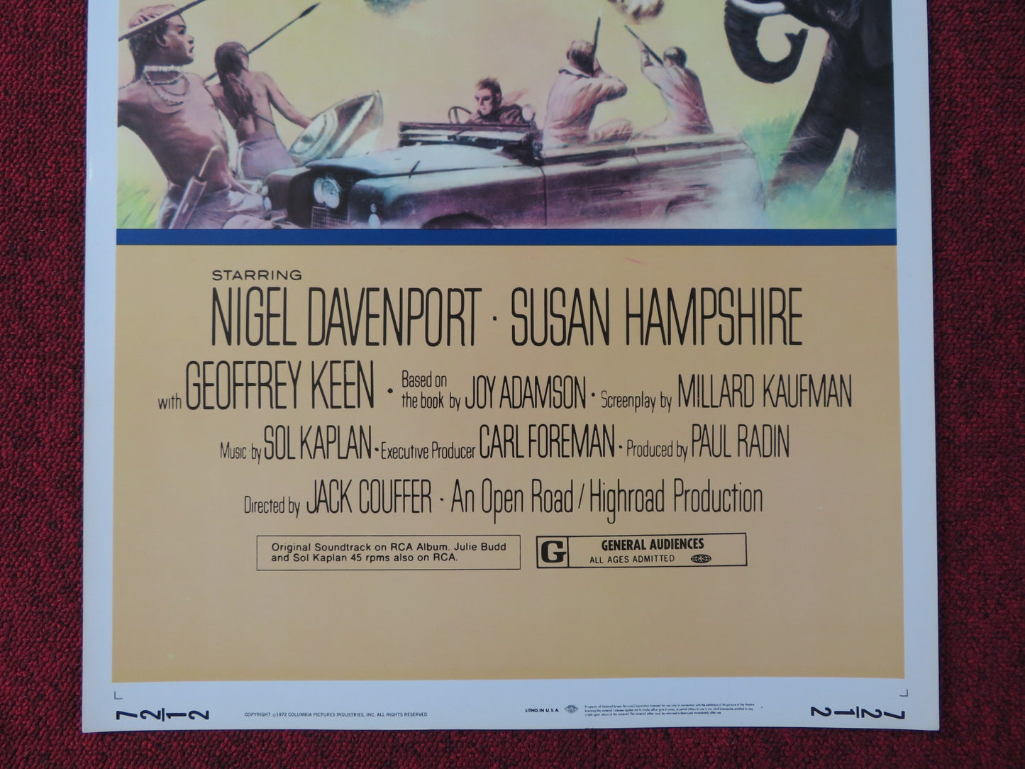 LIVING FREE US INSERT (14"x 36") POSTER NIGEL DAVENPORT SUSAN HAMPSHIRE 1972