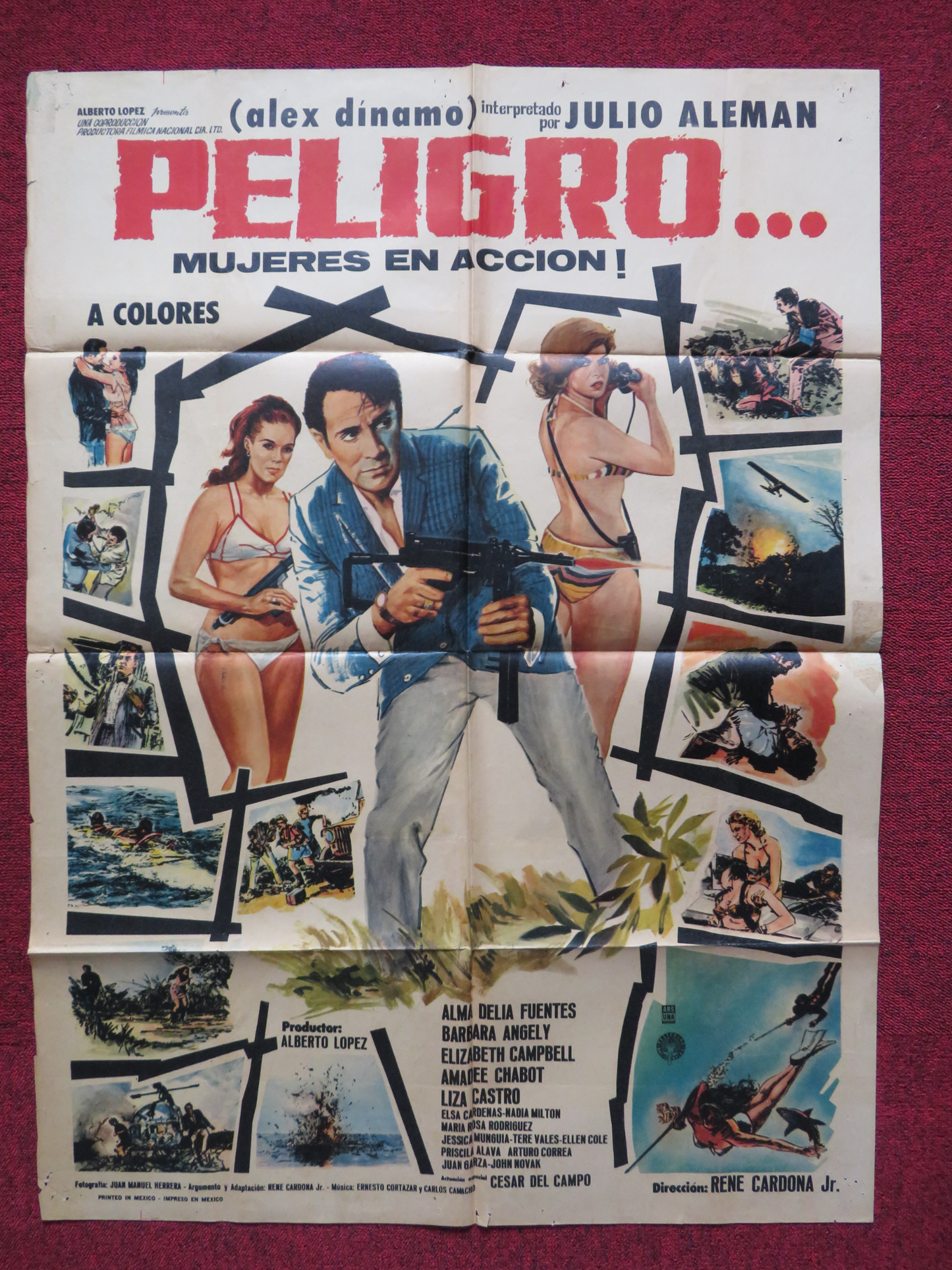 PELIGRO... MUJERES EN ACCION FOLDED MEXICAN POSTER JULIO ALEMAN 1969