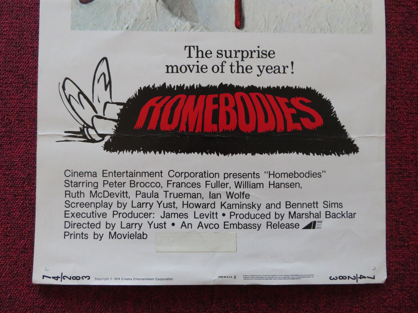 HOMEBODIES US INSERT (14"x 36") POSTER PETER BROCCO FRANCES FULLER 1974