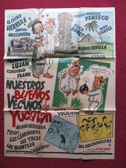 NUESTROS BUENOS VECINOS DE YUCATAN FOLDED MEXICAN POSTER DANIEL CHINO 1967