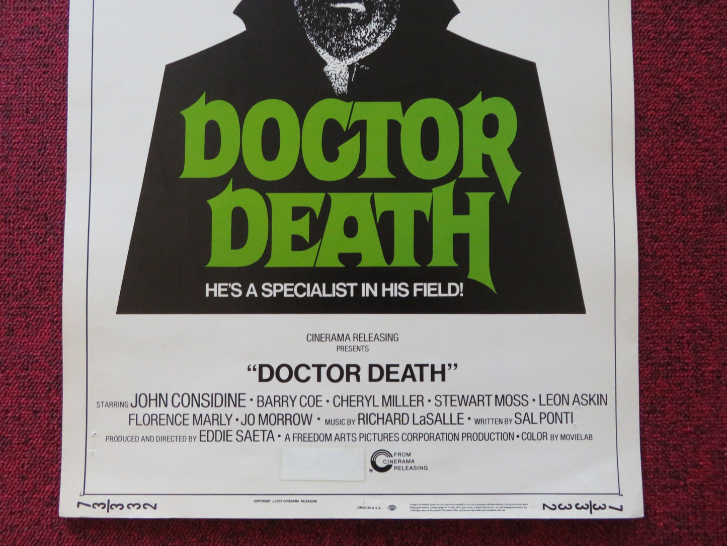 DOCTOR DEATH US INSERT (14"x 36") POSTER JOHN CONSIDINE BARRY COE 1973