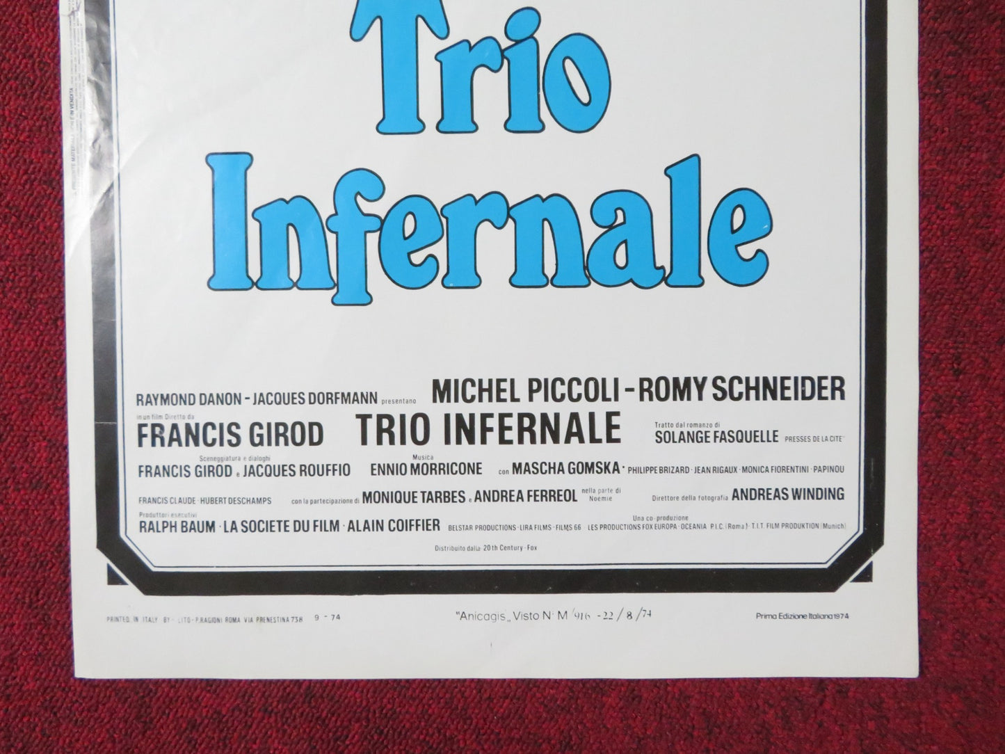 THE INFERNAL TRIO ITALIAN LOCANDINA POSTER MICHEL PICCOLI ROMY SCHNEIDER 1974