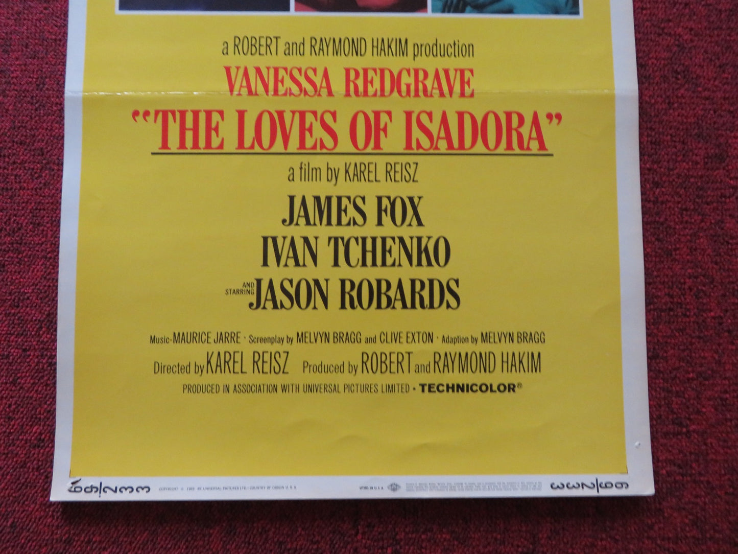 THE LOVES OF ISADORA US INSERT (14"x 36") POSTER VANESSA REGRAVE JAMES FOX 1969