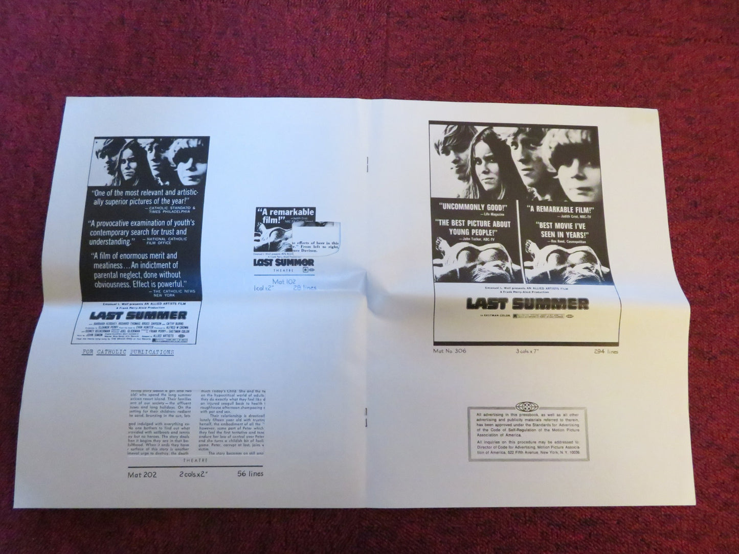 LAST SUMMER - PRESSBOOK CUT  ALLIED ARTISTS BARBARA HERSHEY RICHARD THOMAS 1969