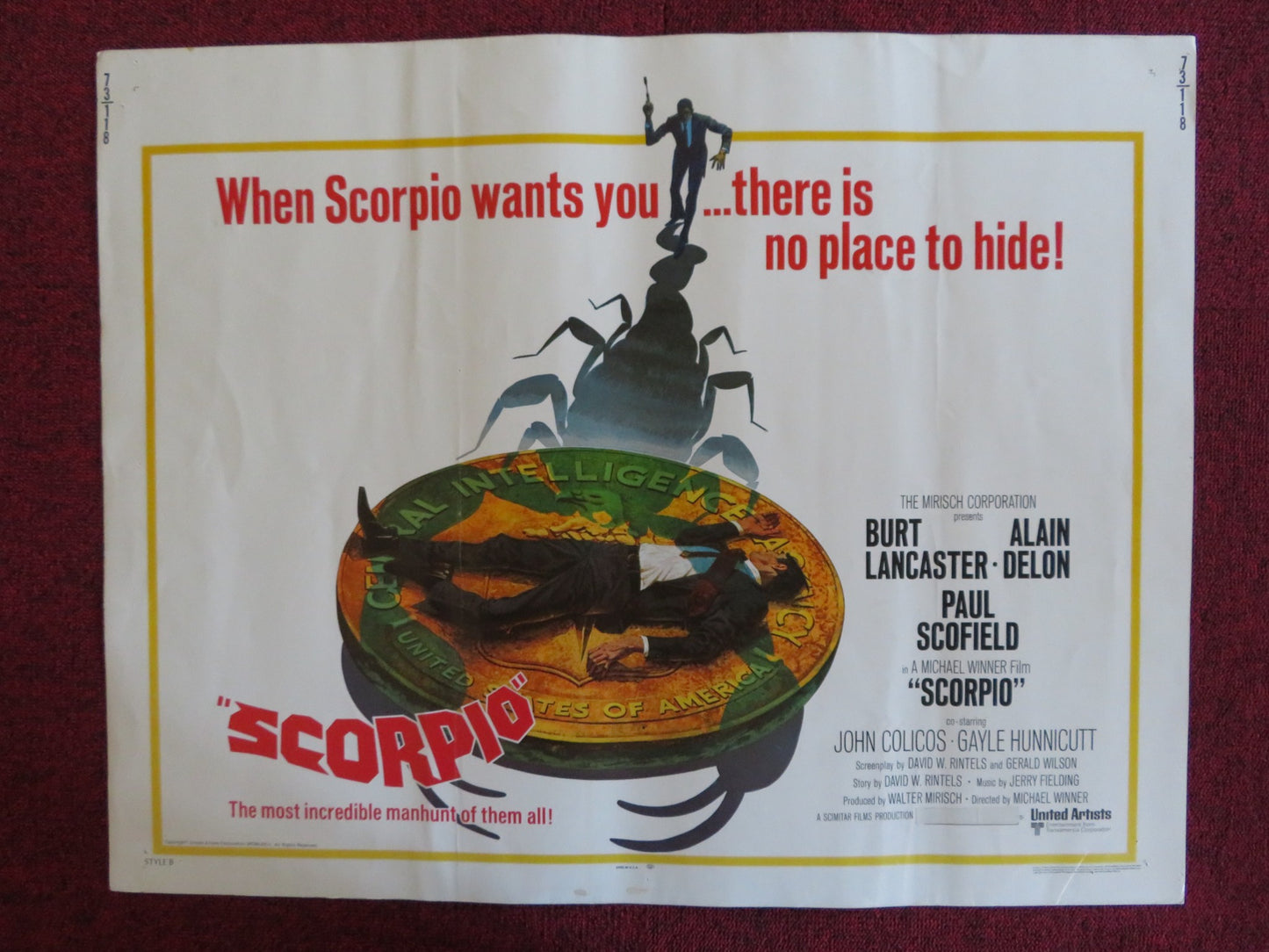 SCORPIO - STYLE B US HALF SHEET (22"x 28") POSTER BURT LANCASTER A. DELON 1973