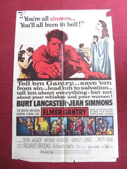 ELMER GANTRY FOLDED US ONE SHEET POSTER BURT LANCASTER JEAN SIMMONS 1960