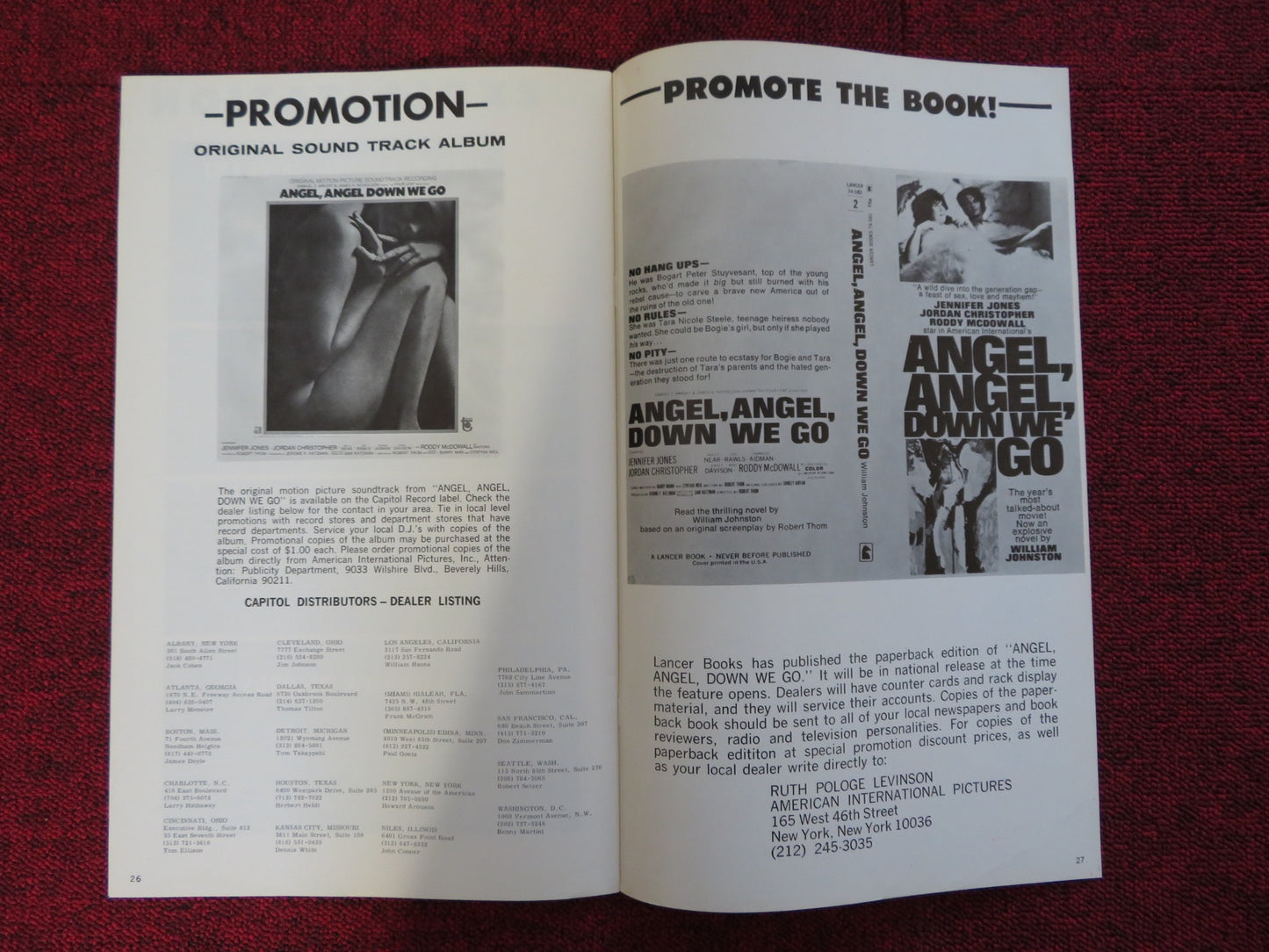 ANGEL, ANGEL, DOWN WE GO UNCUT AMERICAN INTERNATIONAL PRESS BOOK J. JONES 1969