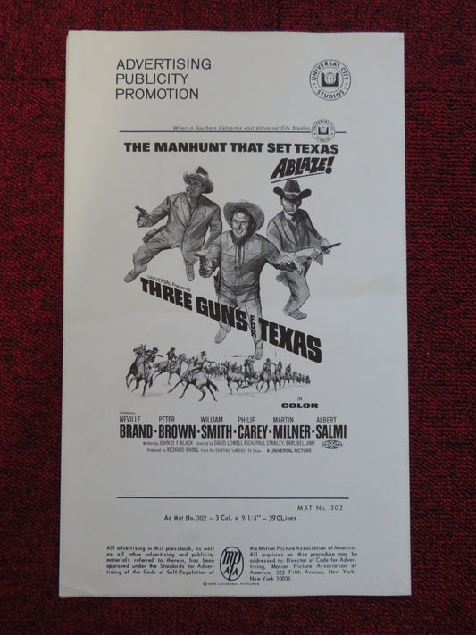 THREE GUNS FOR TEXAS UNCUT UNIVERSAL CITY PRESS BOOK NEVILLE BRAND BROWN 1968