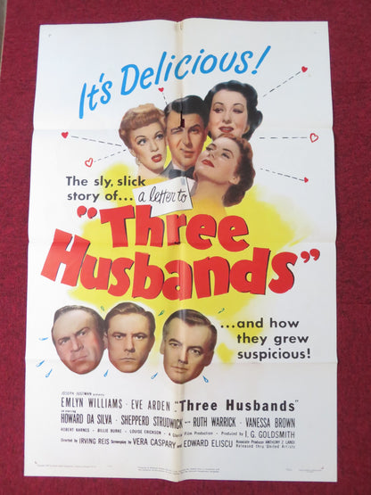 THREE HUSBANDS FOLDED US ONE SHEET POSTER EMLYN WILLIAMS EVE ARDEN 1950