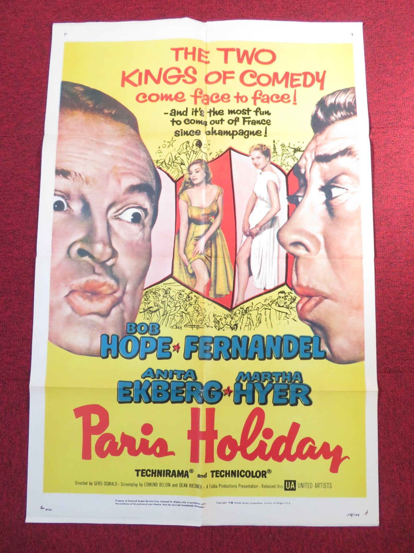 PARIS HOLIDAY FOLDED US ONE SHEET POSTER BOB HOPE FERNANDEL 1958