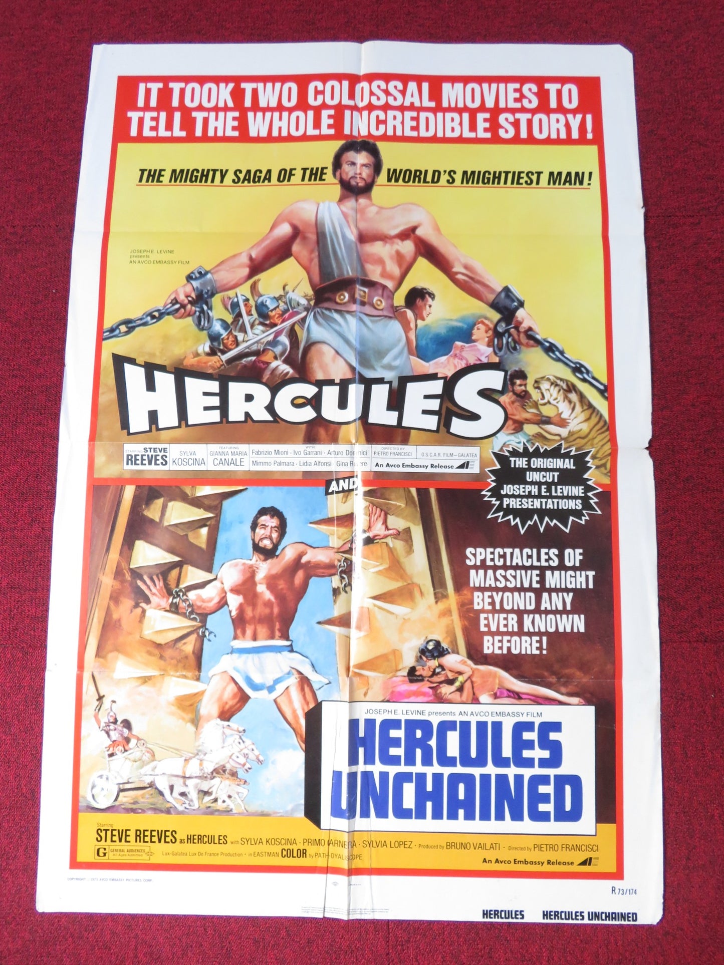 HERCULES AND HERCULES UNCHAINED COMBO FOLDED US ONE SHEET POSTER S. REEVES 1973