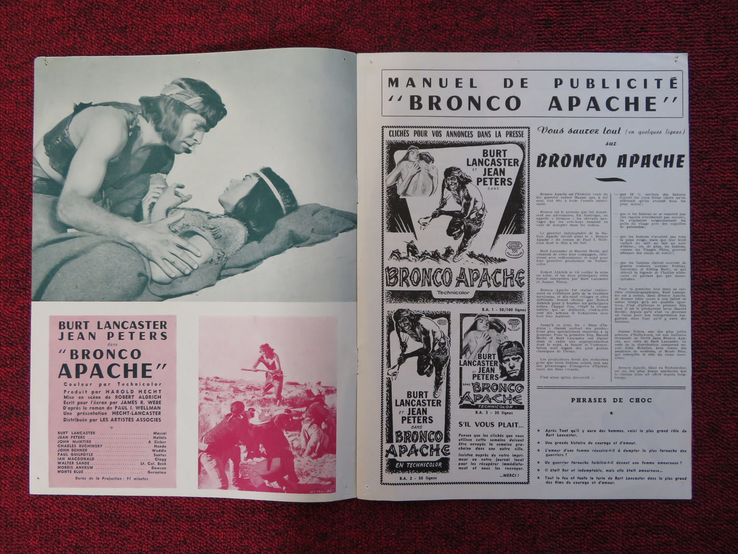 BRONCO APACHE FRENCH PRESS BOOK BURT LANCASTER JEAN PETERS 1954