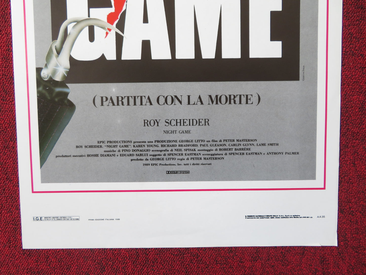 NIGHT GAME ITALIAN LOCANDINA POSTER ROY SCHEIDER KAREN YOUNG 1989