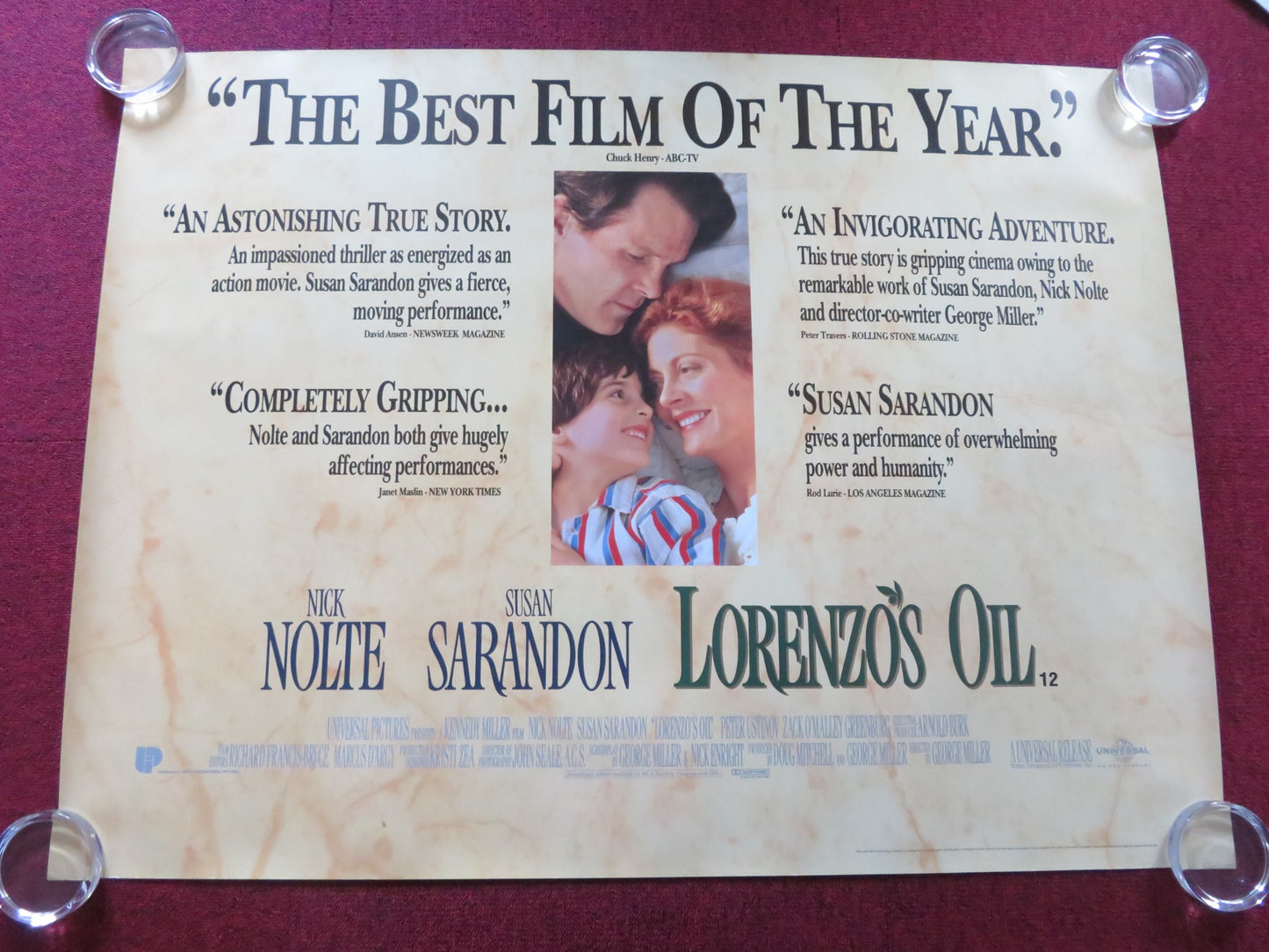 LORENZO'S OIL UK QUAD (30"x 40") ROLLED POSTER NICK NOLTE SUSAN SARANDON 1992