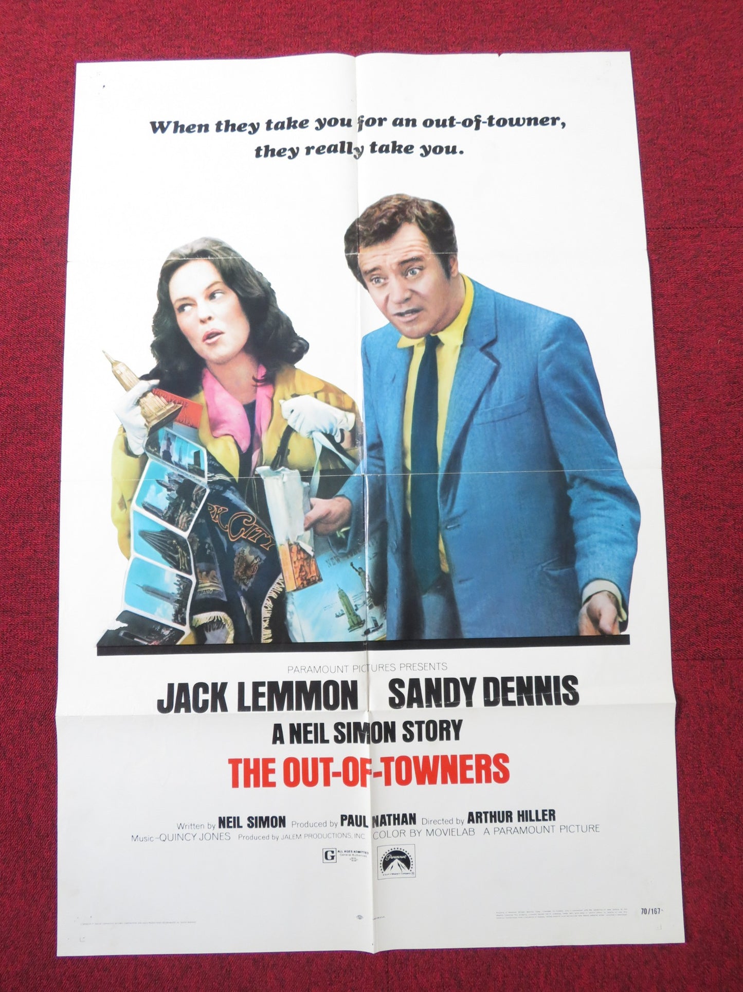 THE OUT OF TOWNERS FOLDED US ONE SHEET POSTER JACK LEMMON SANDY DENNIS 1969