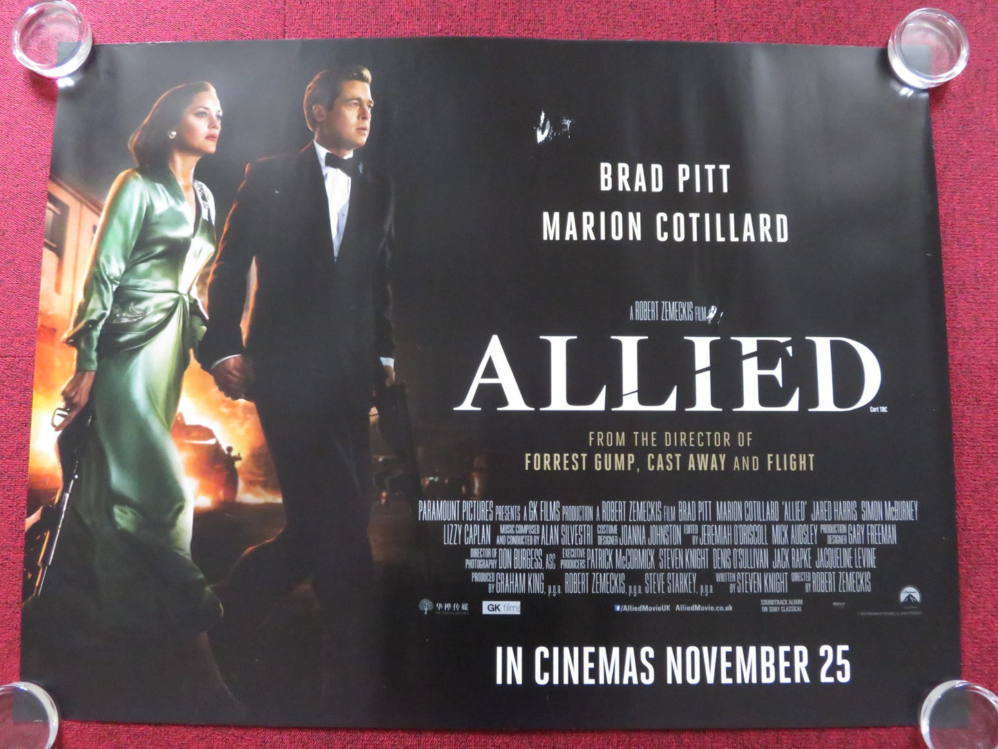 ALLIED UK QUAD (30"x 40") ROLLED POSTER BRAD PITT MARION COTILLARD 2016