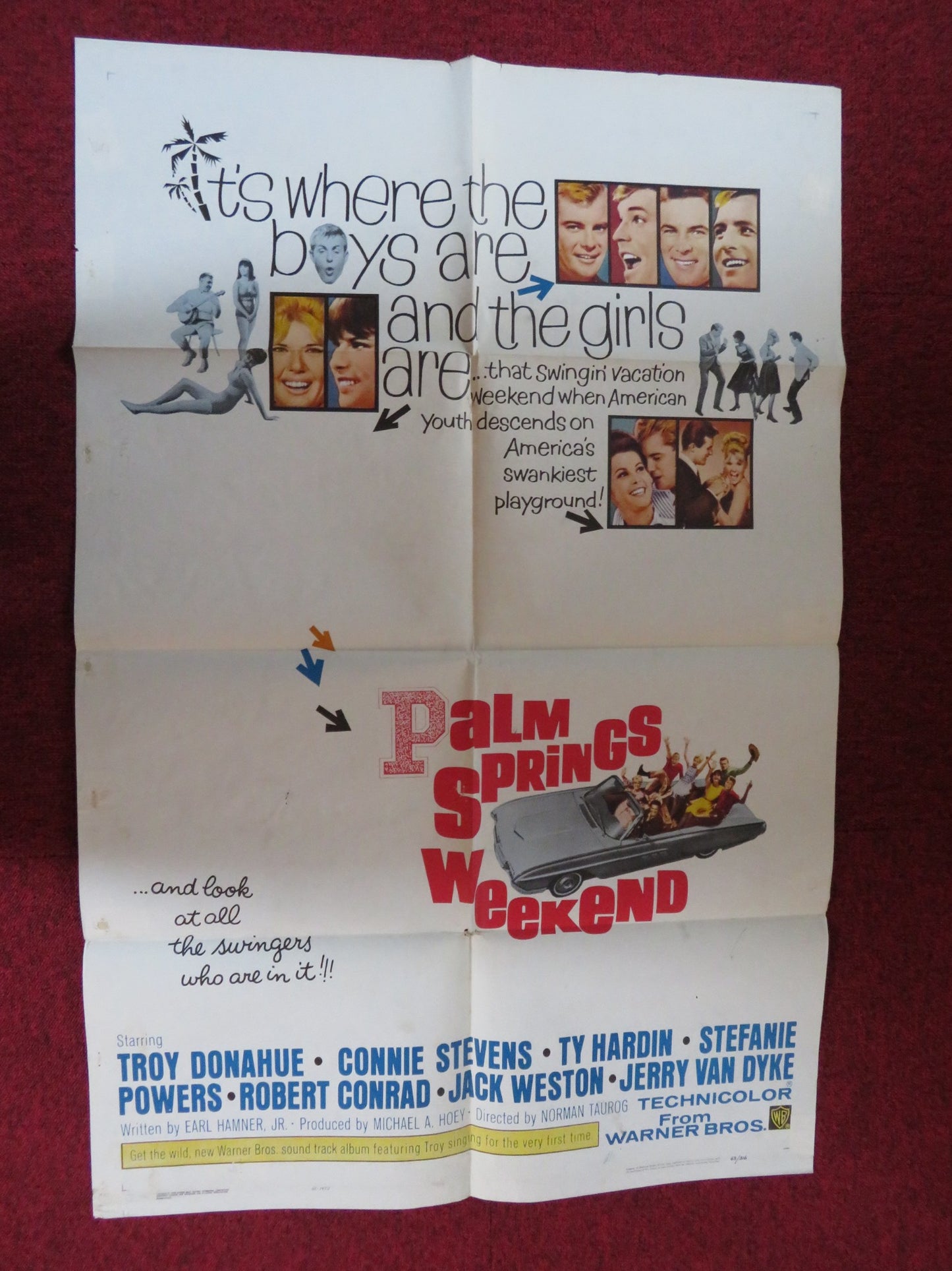 PALM SPRINGS WEEKEND FOLDED US ONE SHEET POSTER TROY DONAHUE CONNIE STEVENS 1963