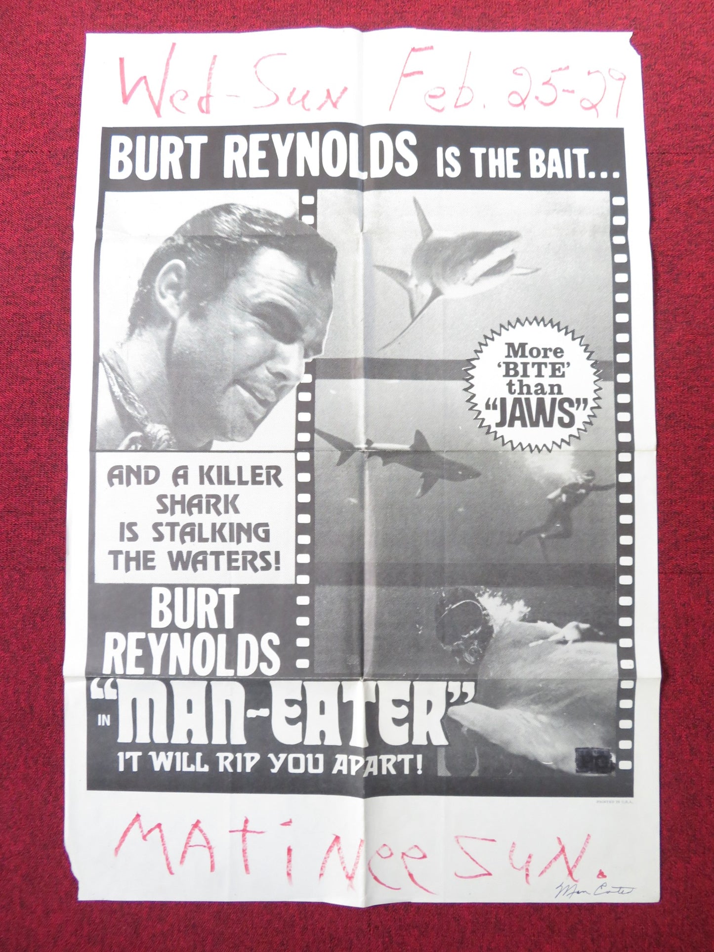 MANEATER / SHARK FOLDED US ONE SHEET POSTER BURT REYNOLDS ARTHUR KENNEDY 1969