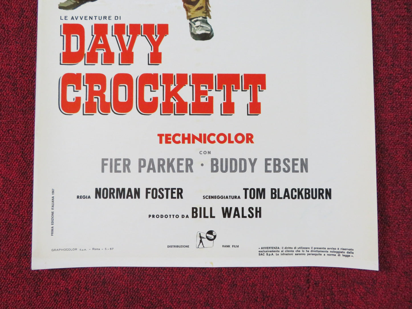 DAVY CROCKETT: KING OF THE WILD FRONTIER ITALIAN LOCANDINA POSTER DISNEY 1967