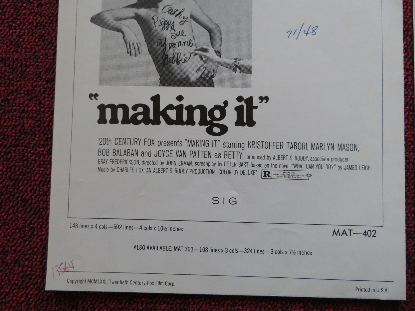 MAKING IT  US PRESSBOOK AND SUPPLEMENT - UNCUT BOB BALABAN MARLYN MASON 1971