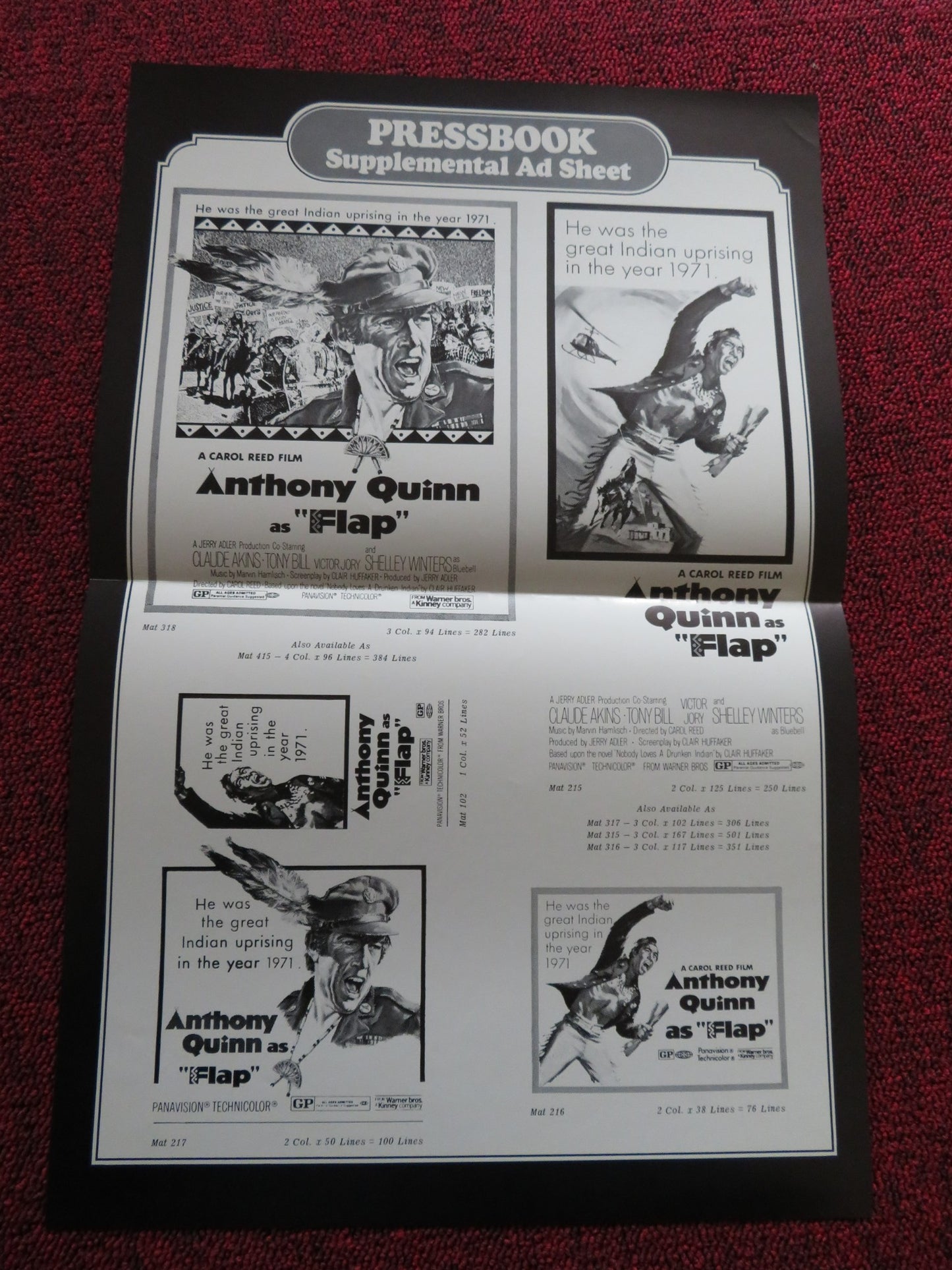 FLAP US PRESSBOOK UNCUT AND SUPPLEMENT ANTHONY QUINN CLAUDE AKINS  1970