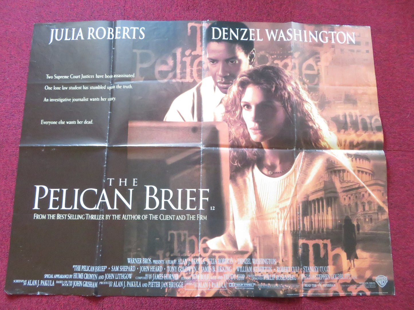 THE PELICAN BRIEF QUAD POSTER FOLDED JULIA ROBERTS DENZEL WASHINGTON 1994