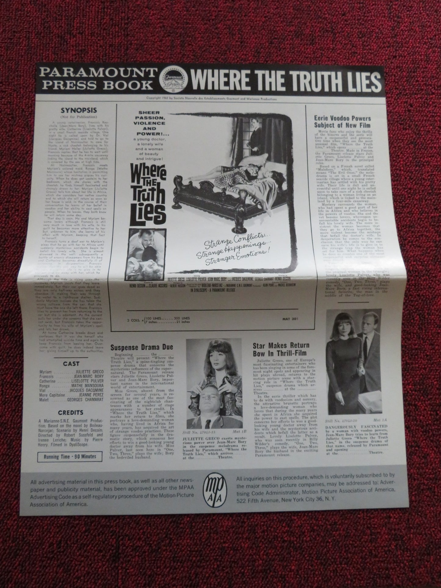 WHERE THE TRUTH LIES US UNCUT PRESSBOOK JULIETTE GRECO LISELOTTE PULVER  1962