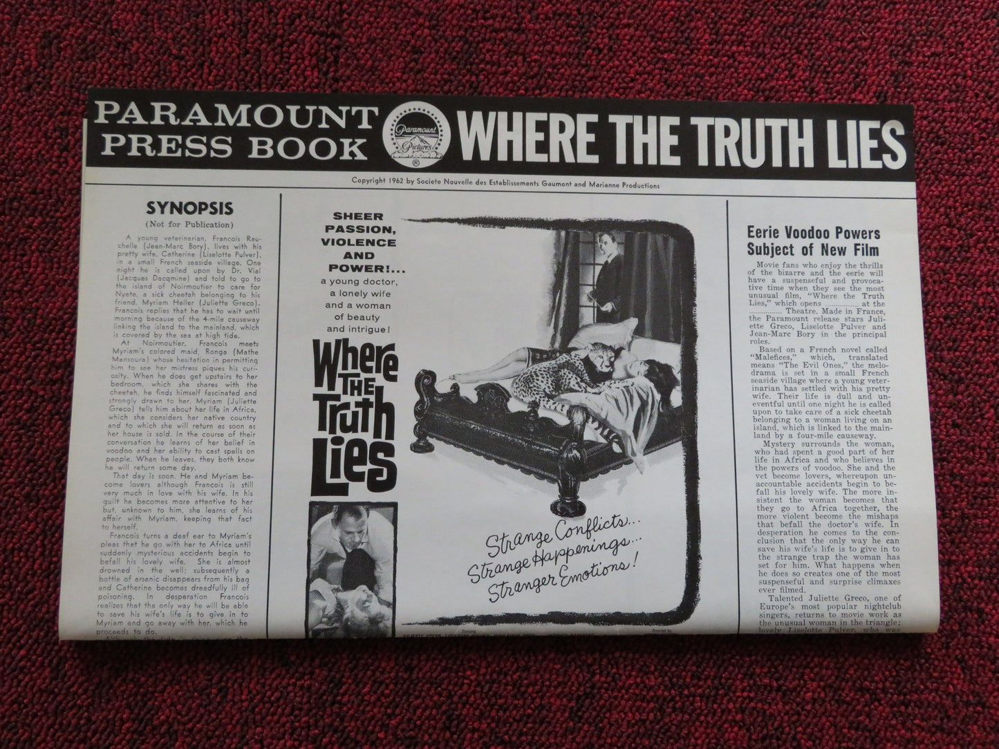 WHERE THE TRUTH LIES US UNCUT PRESSBOOK JULIETTE GRECO LISELOTTE PULVER  1962