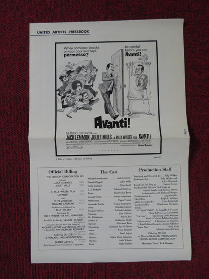 AVANTI! UNCUT UNITED ARTISTS FOLDED PRESS BOOK JACK LEMMON JULIET MILLS 1972