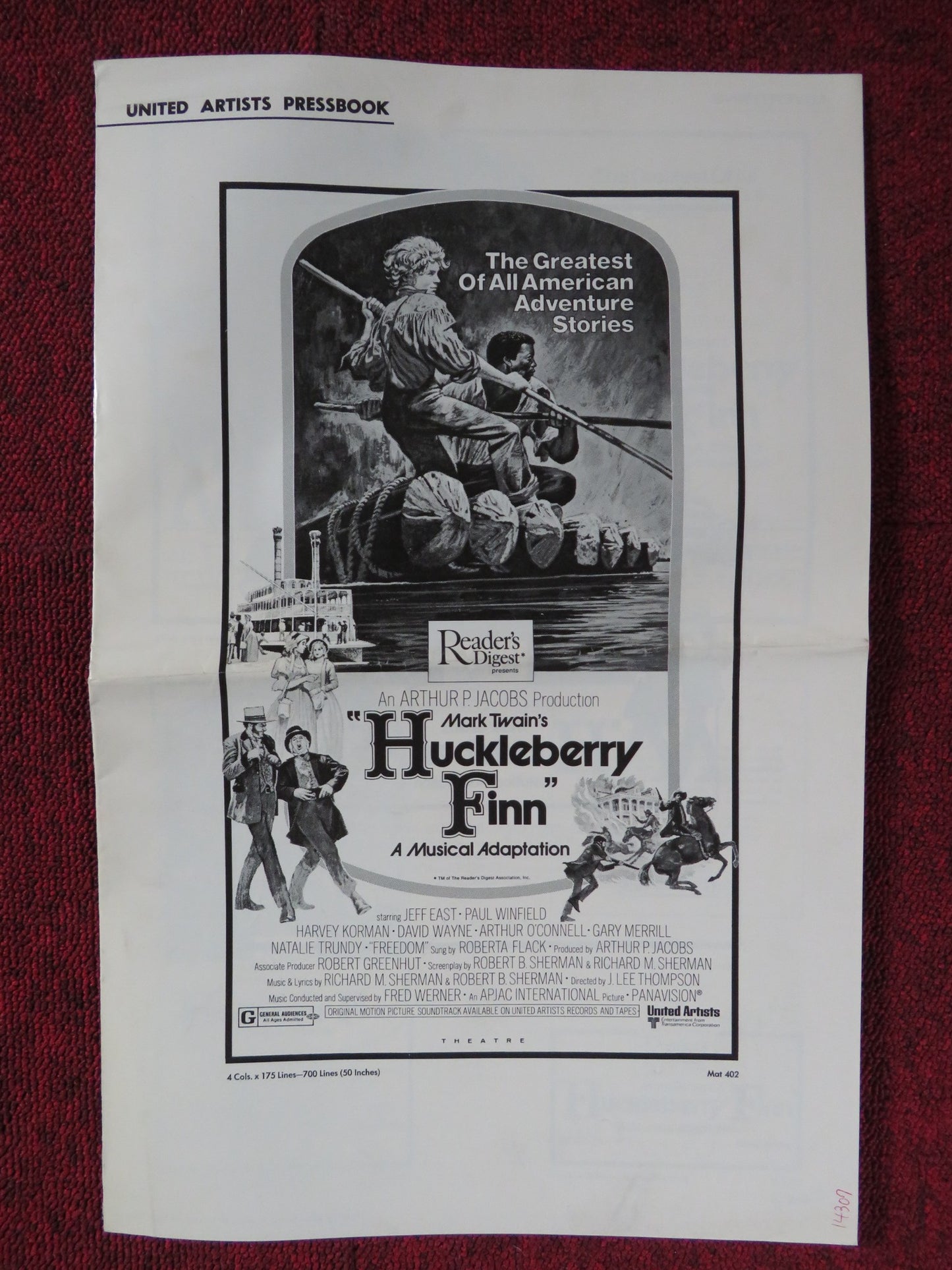 HUCKLEBERRY FINN UNCUT UNITED ARTISTS FOLDED PRESS BOOK JEFF EAST 1974