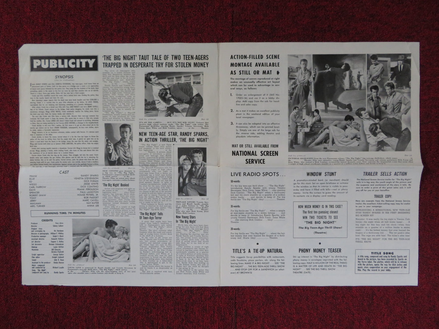 THE BIG NIGHT UNCUT PARAMOUNT FOLDED PRESS BOOK RANDY SPARKS V. STEVENSON 1960